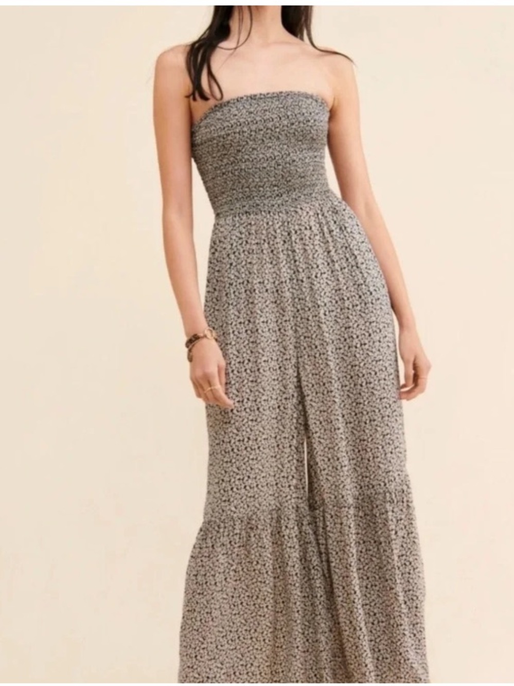 Free People Black & White Strapless Smocked Wide-Leg Jumpsuit